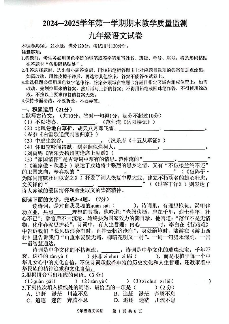 广东省惠州市惠东县2024-2025学年九年级上学期1月期末语文试题第1页