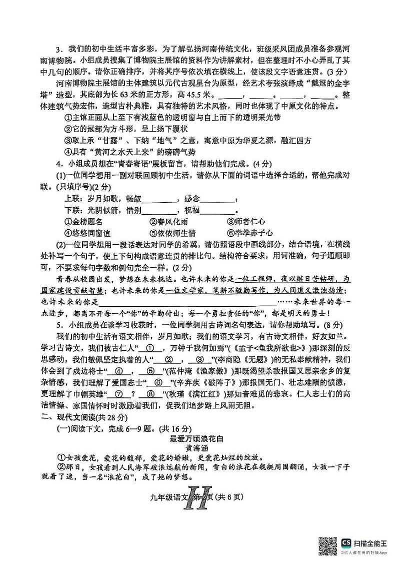 河南省南阳市唐河县2024-2025学年九年级上学期1月期末语文试题第2页