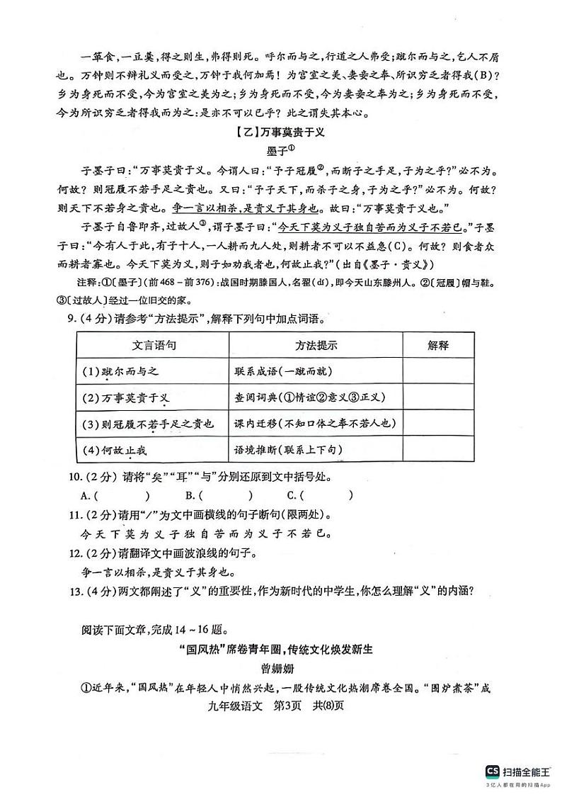 湖北省荆州市沙市区2024-2025学年九年级上学期1月期末语文试题第3页