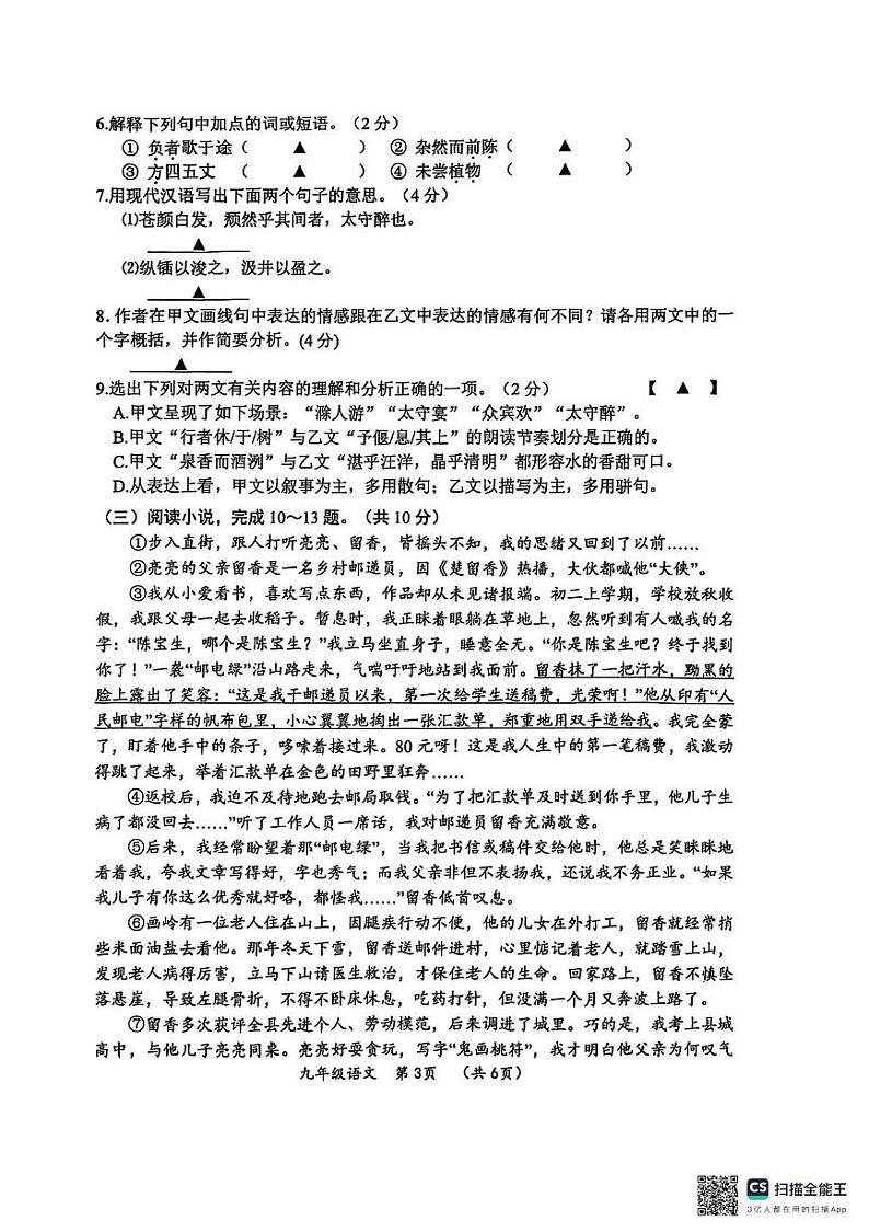 江苏省常州市2024-2025学年九年级上学期语文期末检测卷第3页