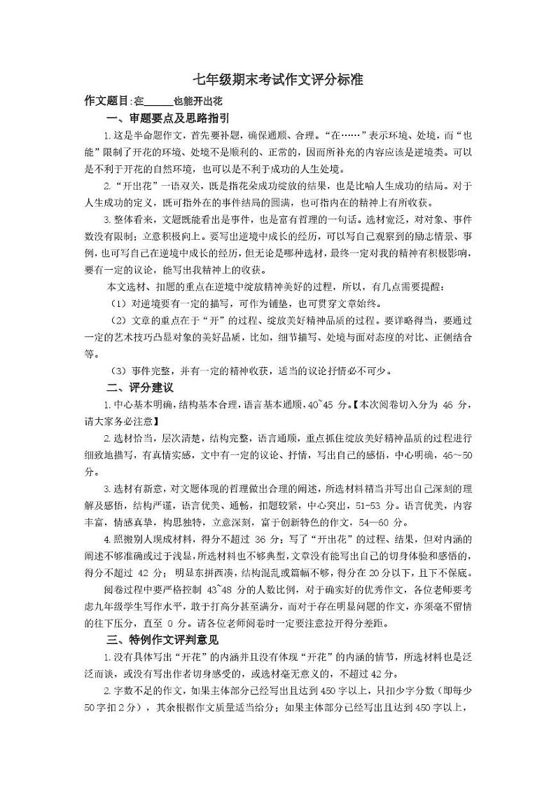 江苏省南通市如皋市2024-2025学年七年级上学期期末考试语文试题作文评分标准第1页