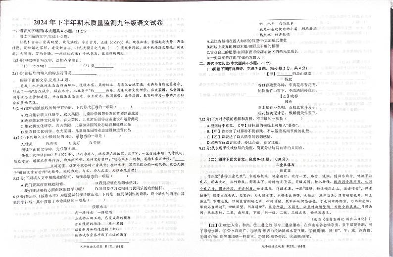 江西省吉安市2024-2025学年九年级上学期1月期末语文试题第1页