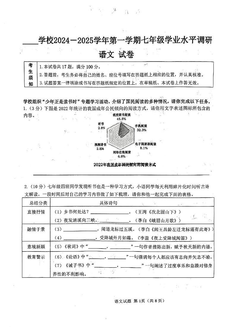 内蒙古内蒙古鄂尔多斯东胜区2024-2025学年七年级上学期期末考试语文试题第1页