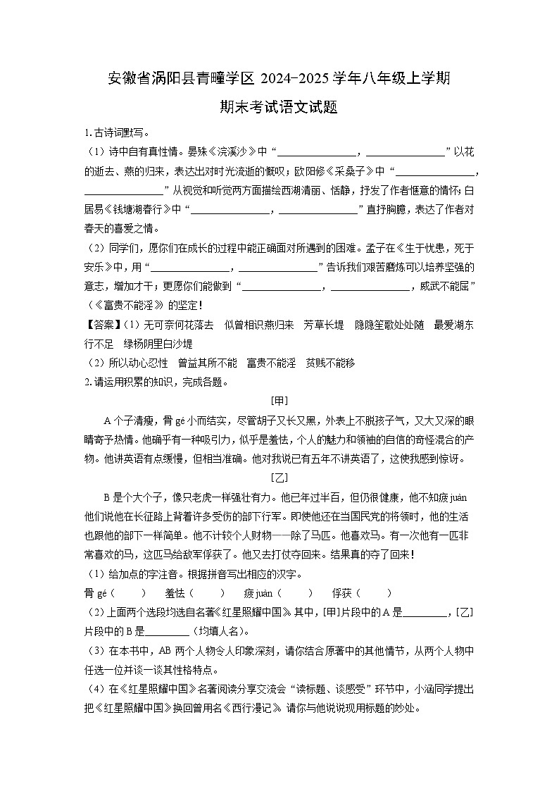 2024~2025学年安徽省涡阳县青疃学区八年级上学期期末考试语文试卷(解析版)第1页