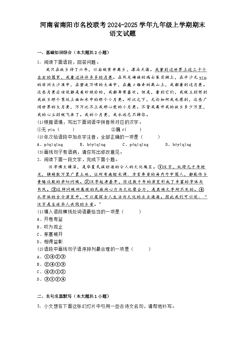 河南省南阳市名校联考2024-2025学年九年级上学期期末语文试题第1页