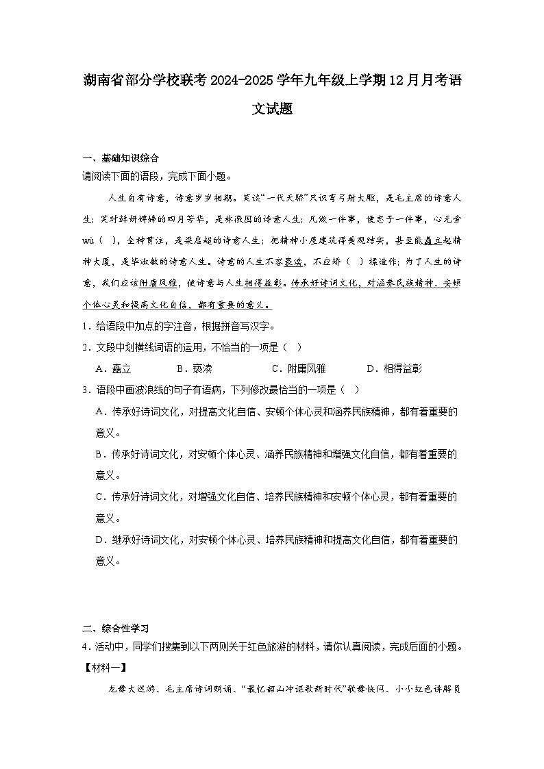 湖南省部分学校联考2024-2025学年九年级上学期12月月考语文试题第1页