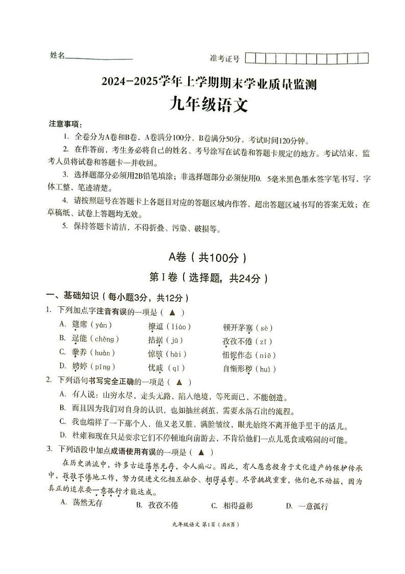 四川省成都市高新区2024-2025学年九年级上学期期末考试 语文试卷(原卷)第1页
