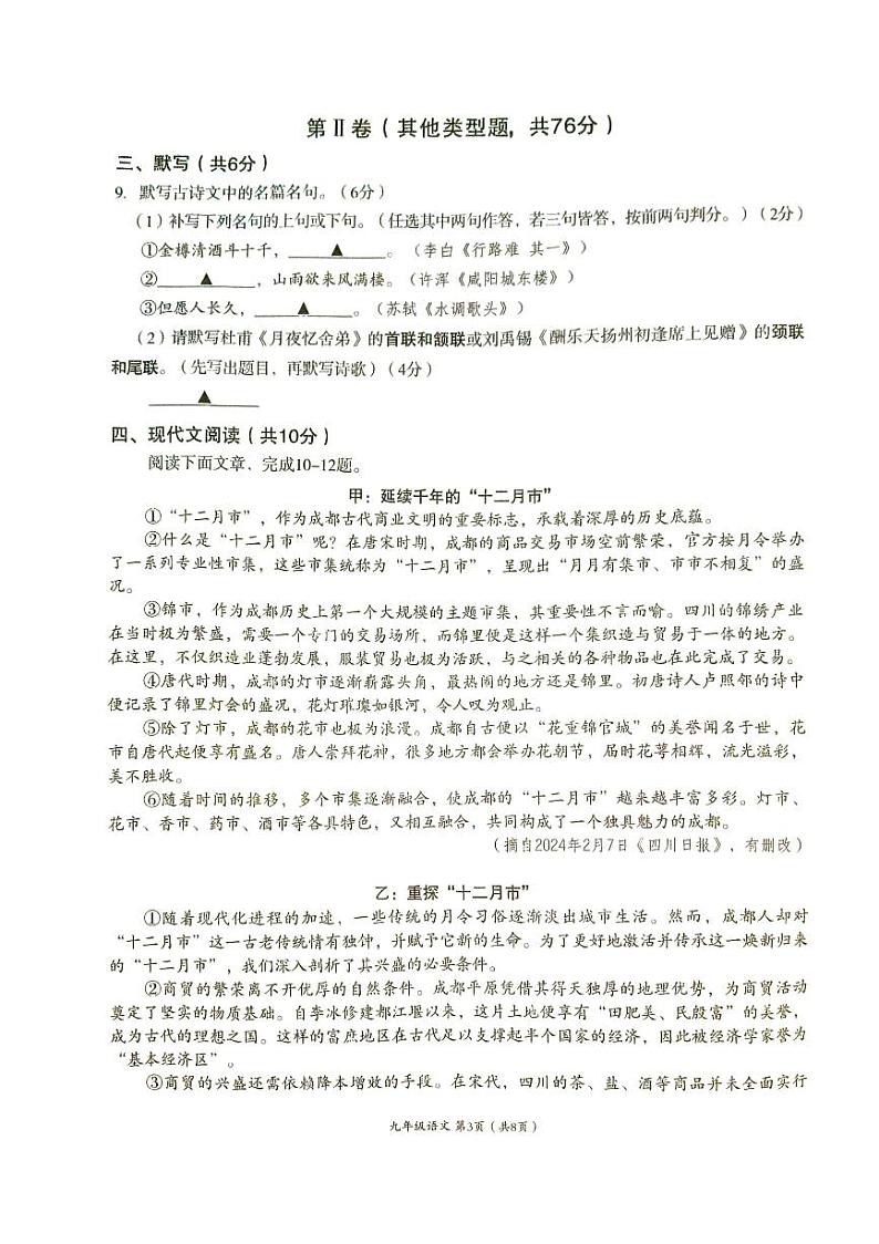 四川省成都市高新区2024-2025学年九年级上学期期末考试 语文试卷(原卷)第3页