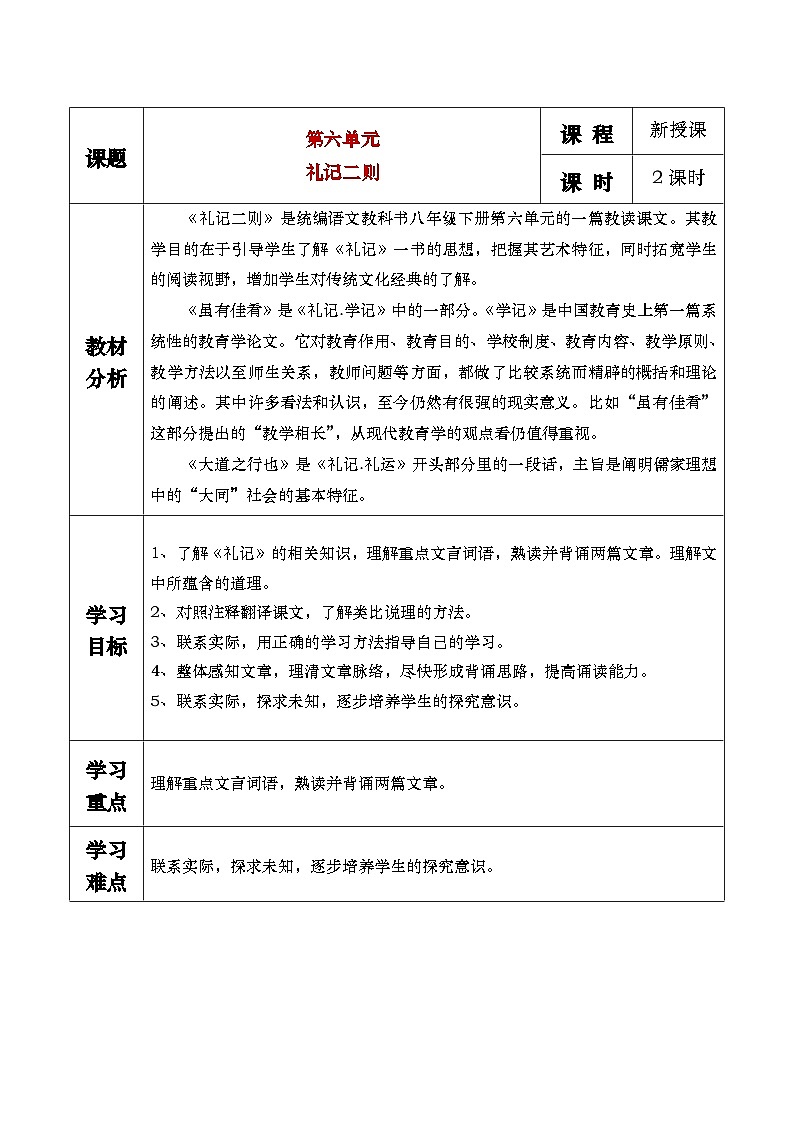 部编版2024春八年级语文下册22.《礼记二则》 教案第1页