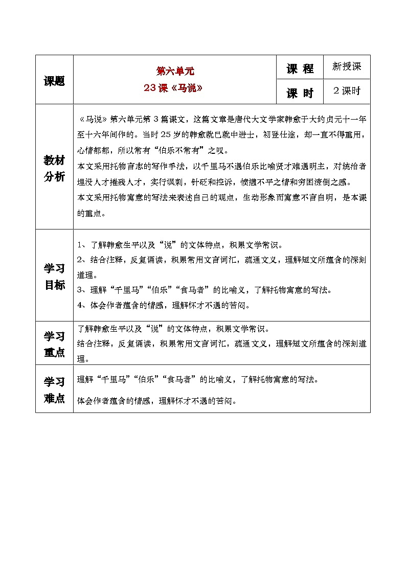 部编版2024春八年级语文下册23.马说 教案第1页