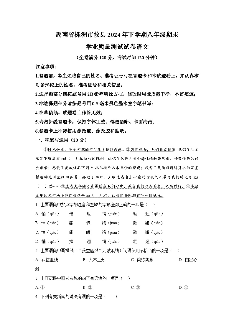 湖南省株洲市攸县2024年下学期八年级期末语文试题（答案+解析）