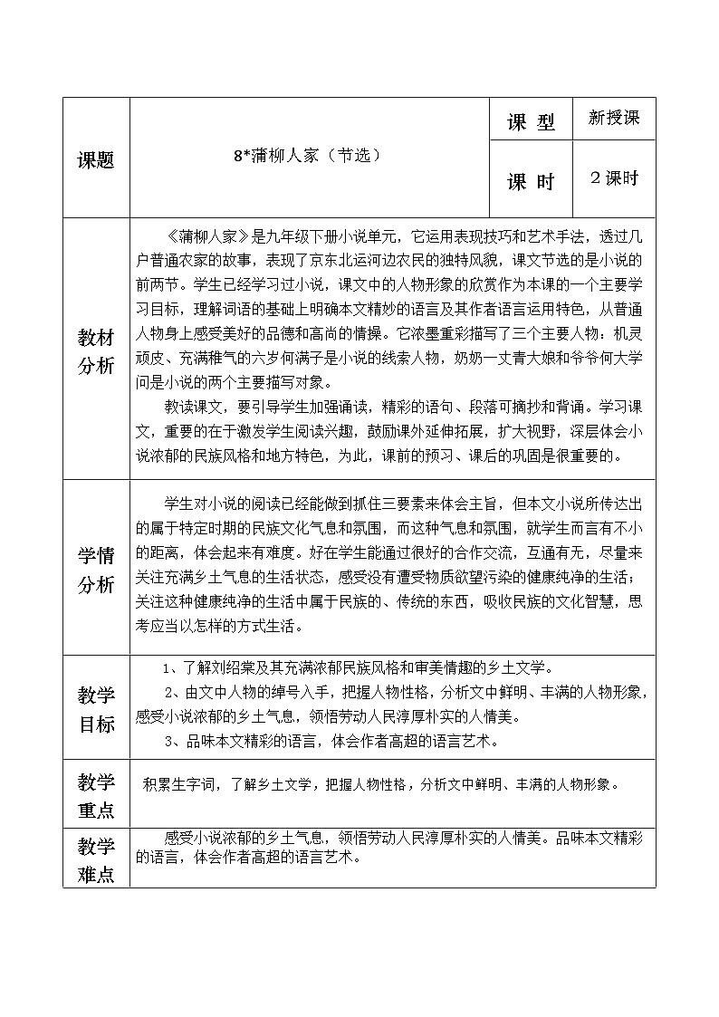 部编版2024九年级下册语文8.蒲柳人家 教案第1页