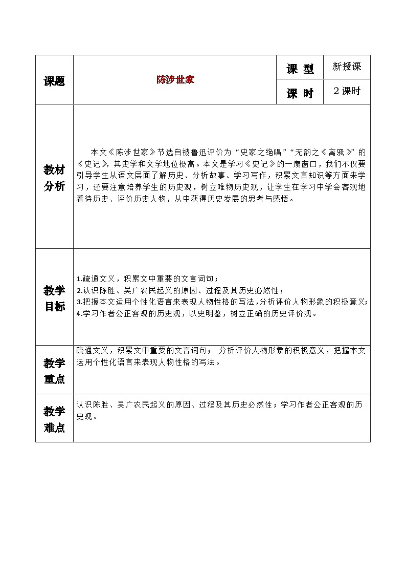 部编版2024九年级下册语文22.陈涉世家 教案第1页