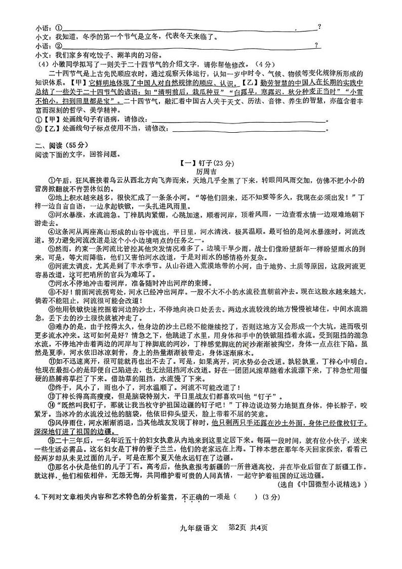 安徽省阜阳市颍州区2024-2025学年九年级上学期1月期末语文试题第2页