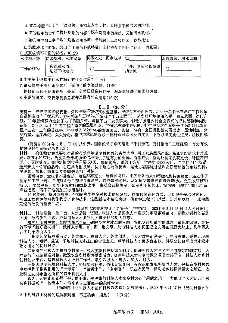 安徽省阜阳市颍州区2024-2025学年九年级上学期1月期末语文试题第3页