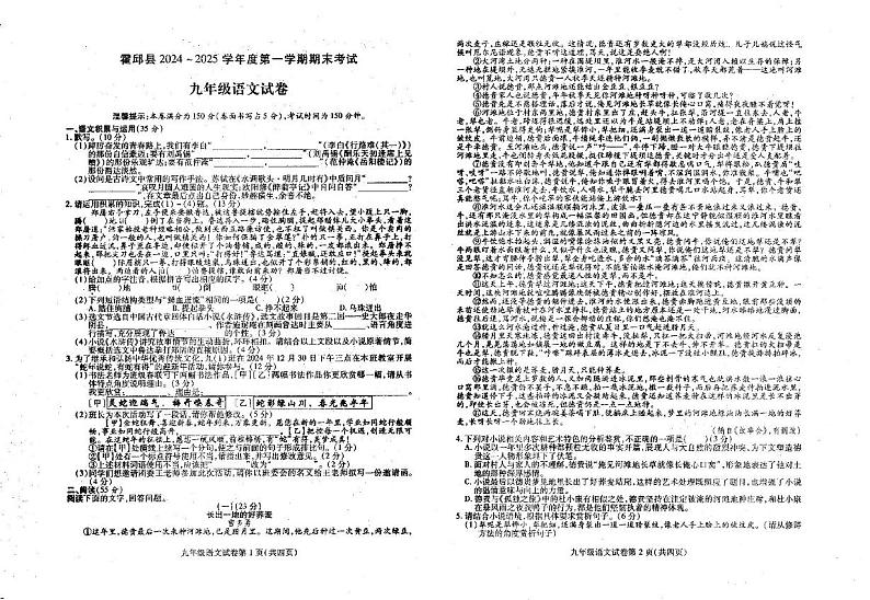 安徽省六安市霍邱县2024-2025学年九年级上学期1月期末考试语文试题第1页