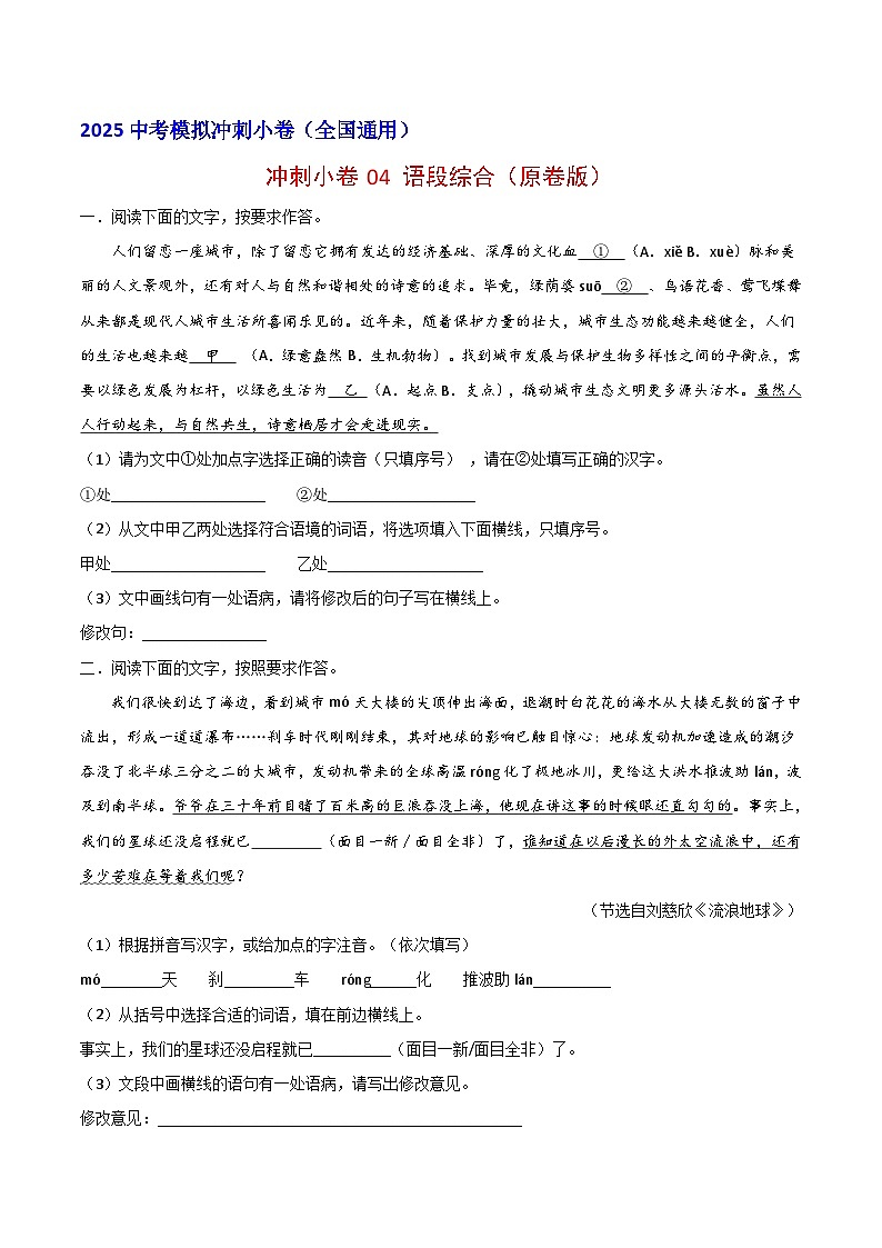 2024中考模拟冲刺小卷(全国通用)冲刺小卷04 语段综合(原卷版)第1页