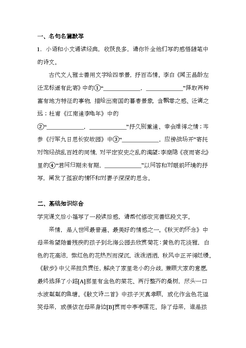 山东省烟台市福山区(五四制)2024-2025学年七年级上学期期末 语文试题(含解析)第1页