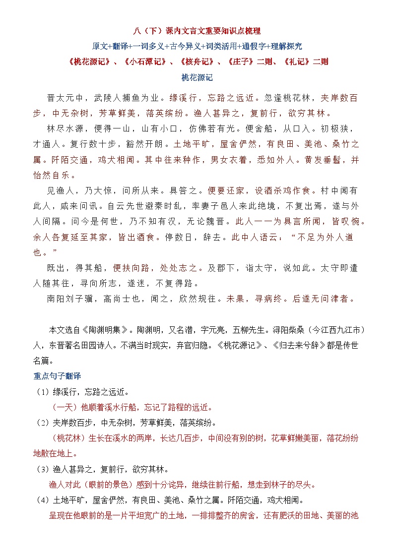 八年级下册语文课内文言文重要知识点梳理