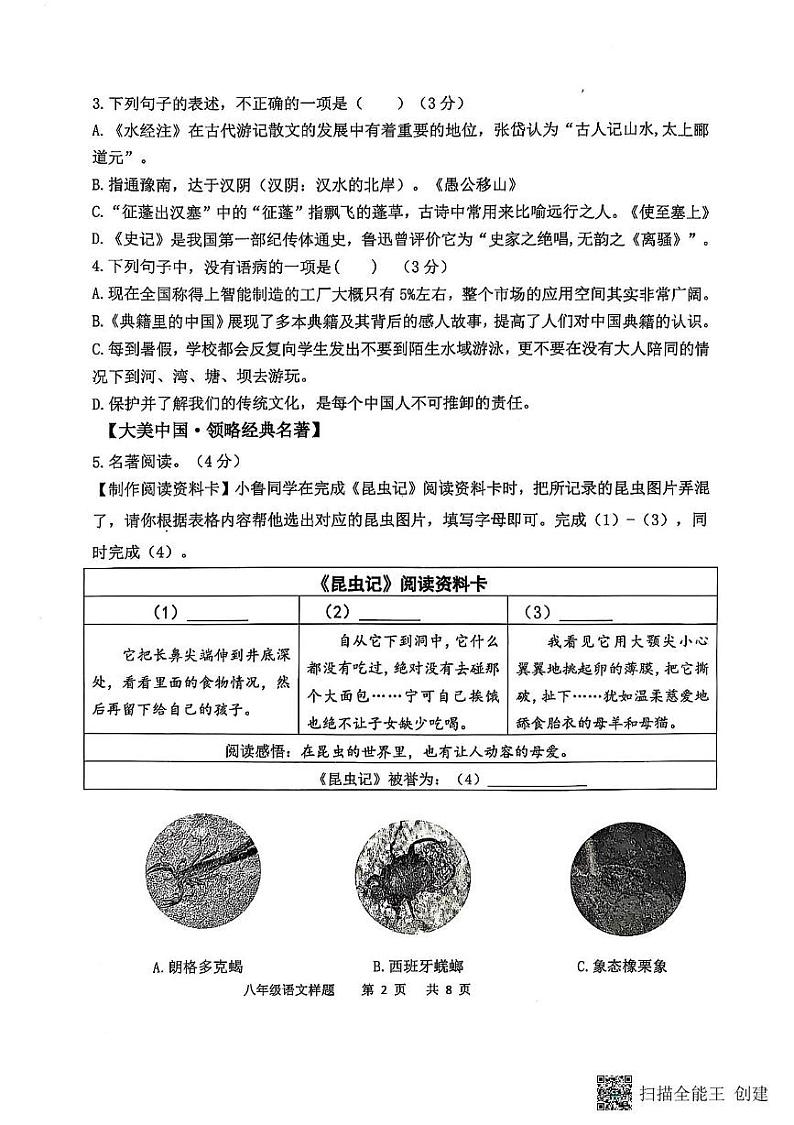 山东省菏泽市定陶区2024-2025学年上学期八年级期末语文试题第2页