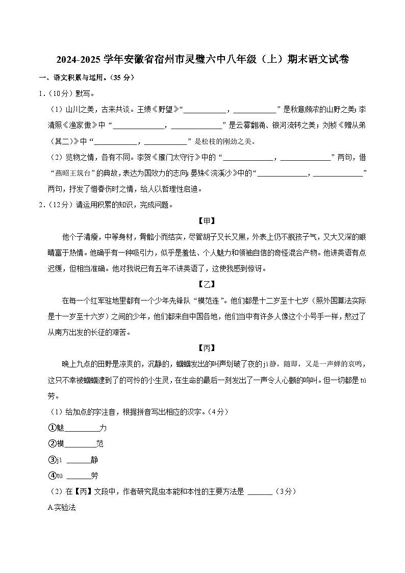 安徽省宿州市灵璧县第六中学2024-2025学年八年级上学期期末考试语文题+第1页