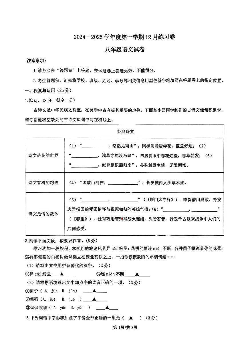 江苏省南京市江宁区2024-2025学年八年级上学期12月练习 语文试卷