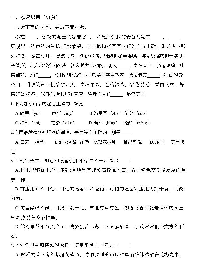 山东省淄博市张店区第六中学2024-2025学年八年级上学期12月月考 语文试题（含解析）