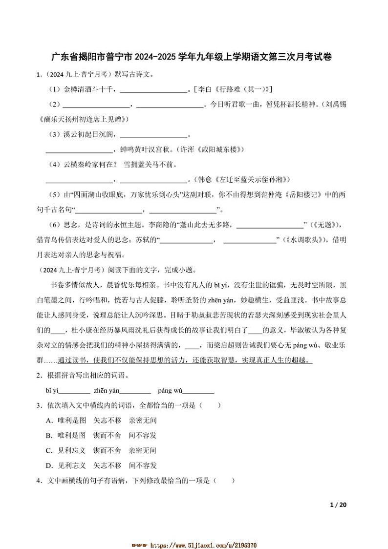 2024~2025学年广东省揭阳市普宁市九年级上语文试卷(三)月考卷第1页