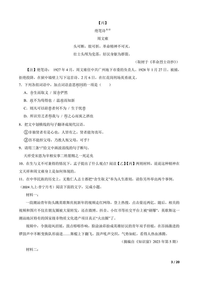 2024~2025学年广东省揭阳市普宁市九年级上语文试卷(三)月考卷第3页