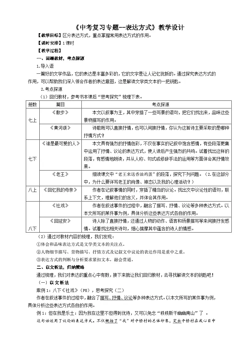 中考语文二轮专项复习 文学类文本表达方式 教学设计第1页