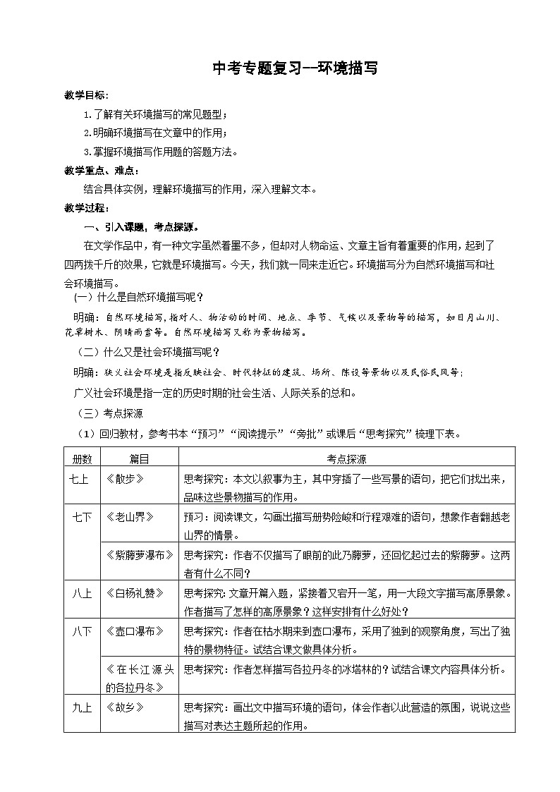 中考语文二轮专项复习 环境描写 教学设计第1页