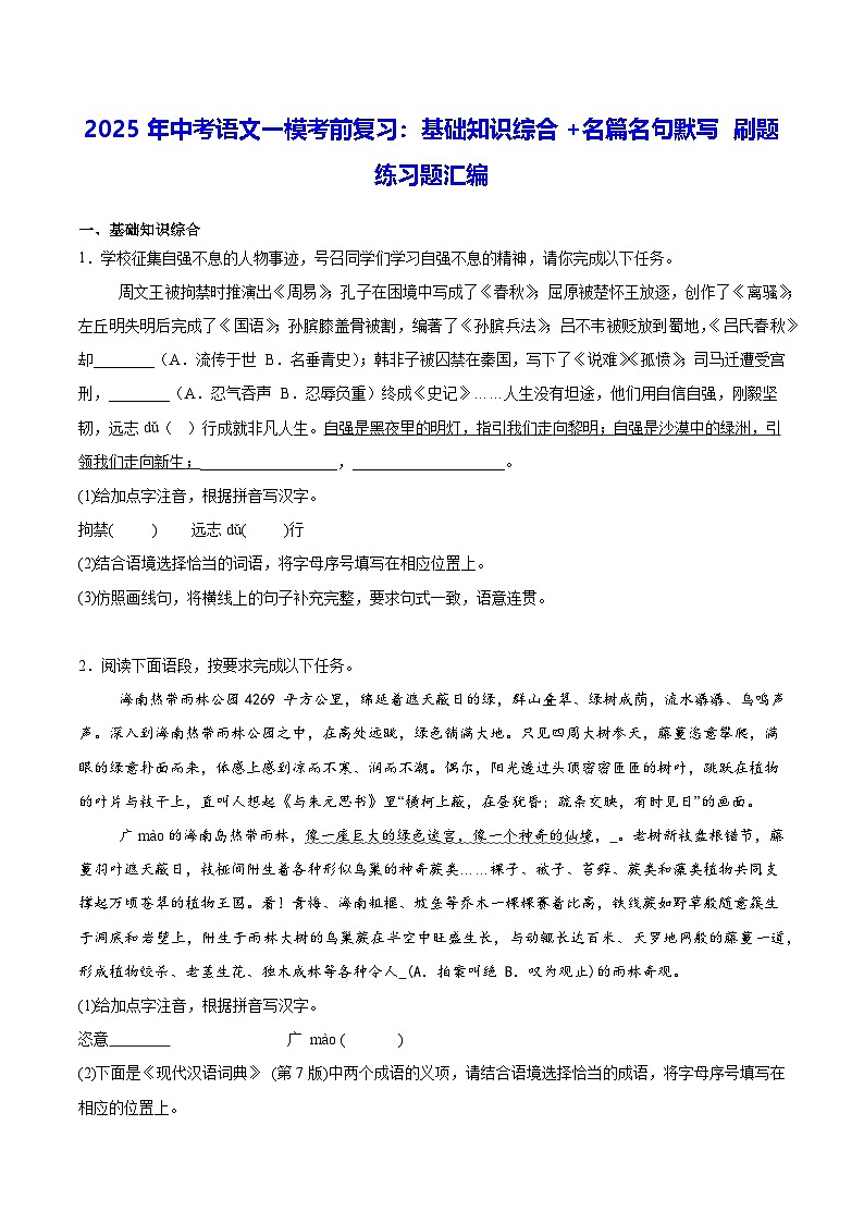 2025年中考语文一模考前复习:基础知识综合+名篇名句默写 刷题练习题汇编(含答案解析)第1页