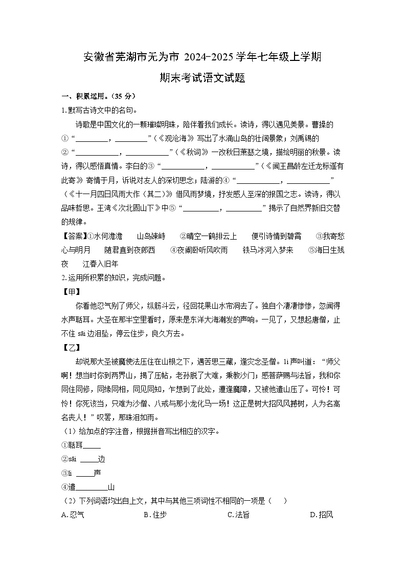 2024~2025学年安徽省芜湖市无为市七年级上学期期末考试语文试卷（解析版）