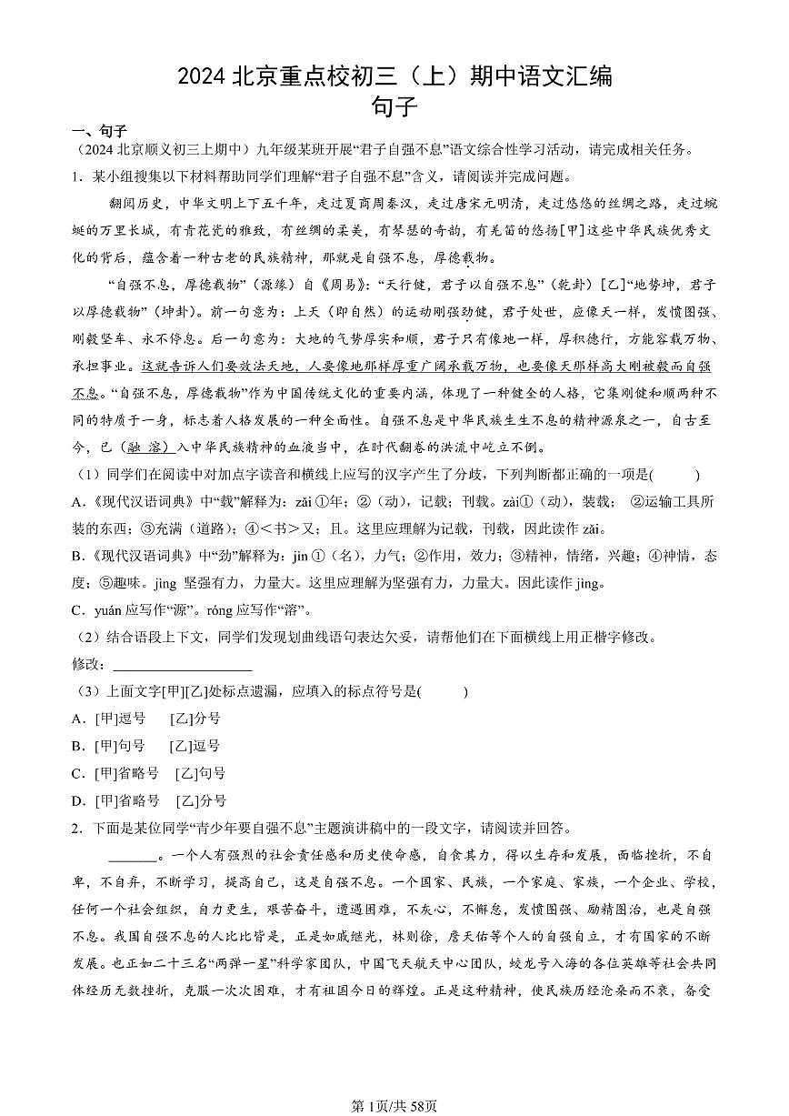 2024北京重点校初三(上)期中真题语文汇编:句子第1页