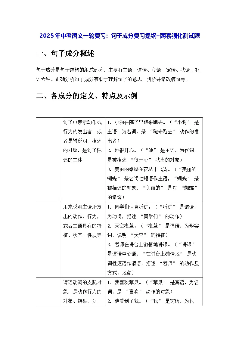 2025年中考语文一轮复习:句子成分复习提纲+两套强化测试题(含答案)第1页