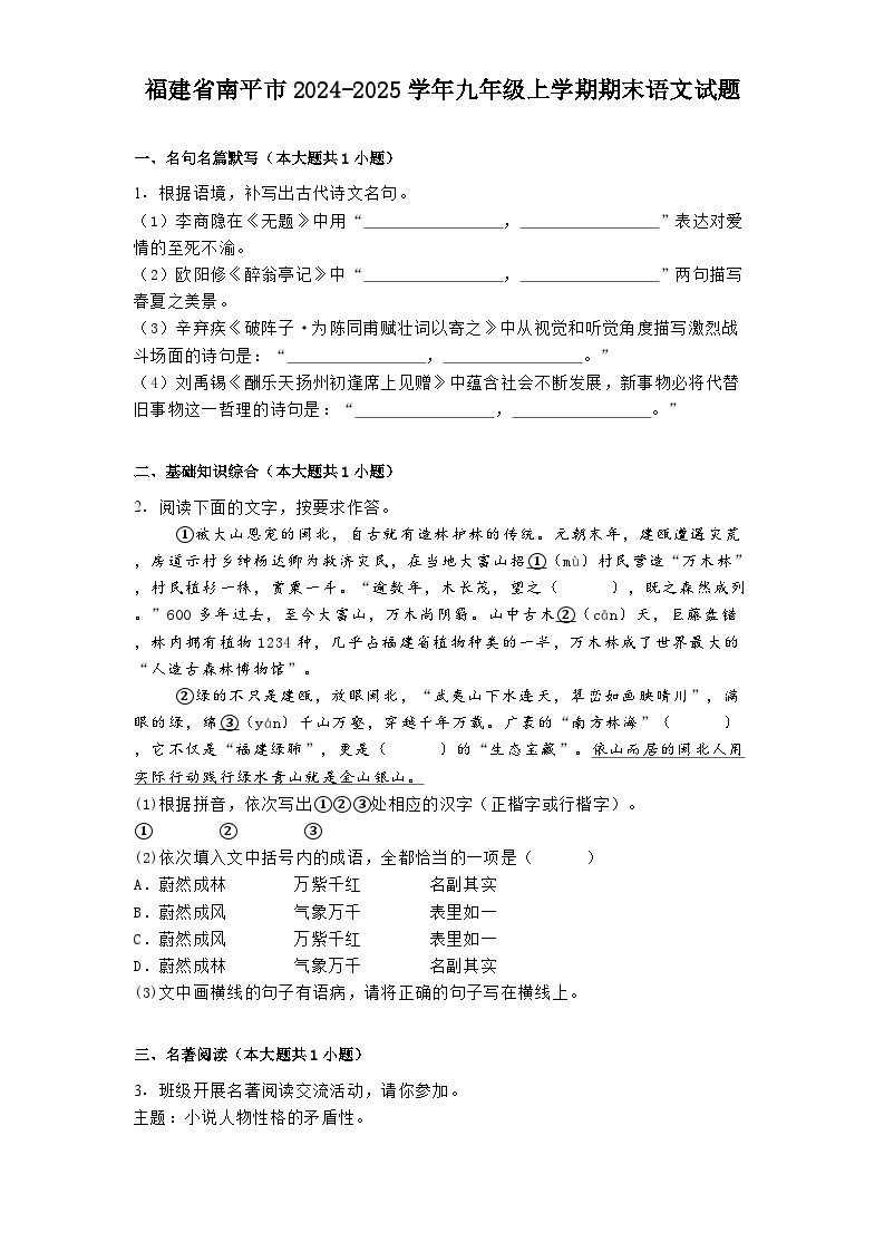福建省南平市2024-2025学年九年级上学期期末语文试题