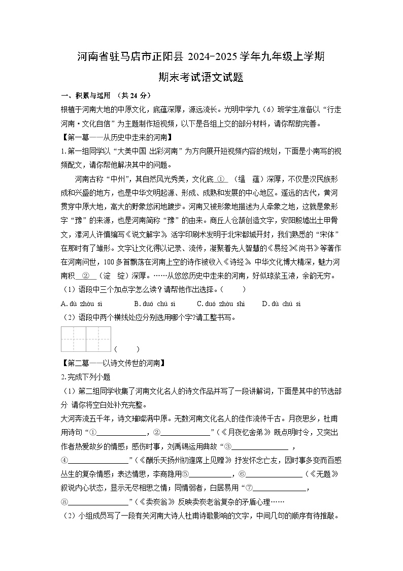 河南省驻马店市正阳县2024-2025学年九年级上学期期末考试语文试卷（解析版）