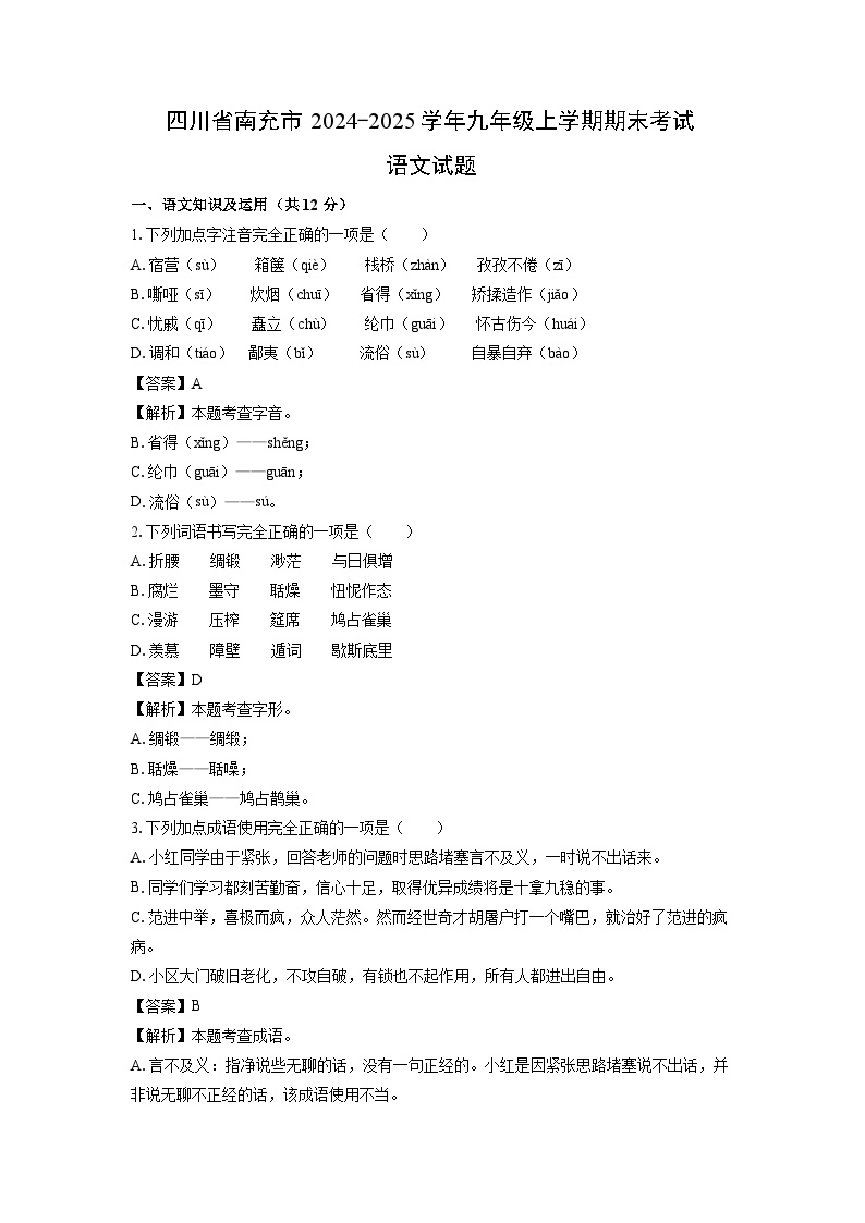 2024-2025学年四川省南充市九年级上学期期末考试语文试卷（解析版）