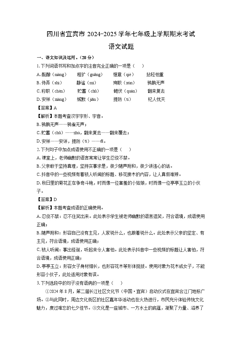2024-2025学年四川省宜宾市七年级上学期期末考试语文试卷（解析版）