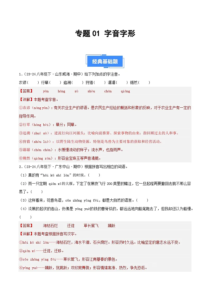 专题01 字音字形(解析版)第1页