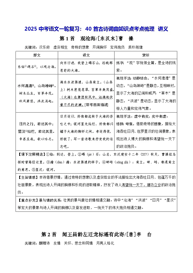 2025中考语文一轮复习:40首古诗词曲知识点考点梳理 讲义第1页