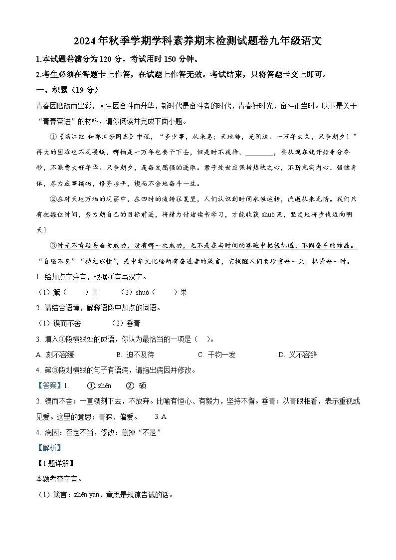 广西河池市天峨县2024-2025学年九年级上学期期末语文试题(解析版)第1页