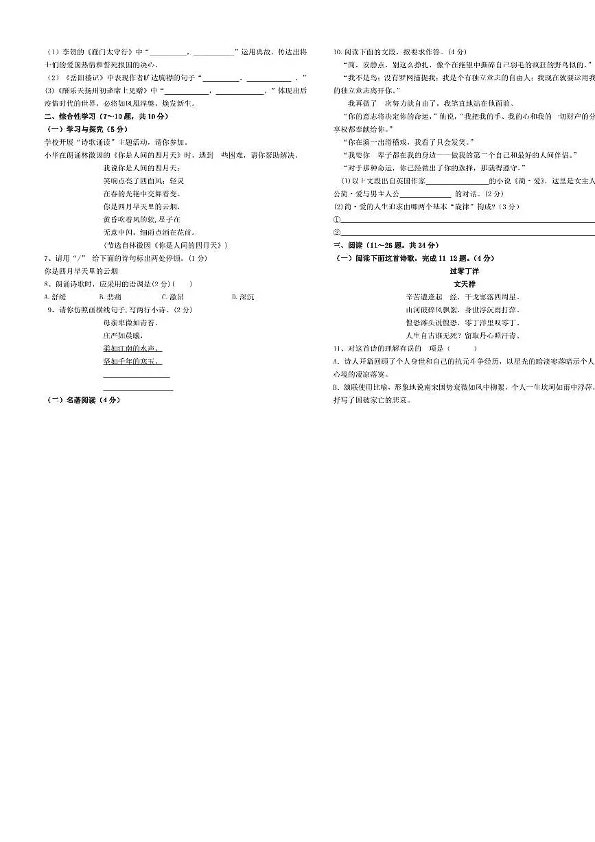2024~2025学年云南省昆明市石林县板桥中学九年级下入学测试语文试卷(含答案)第2页