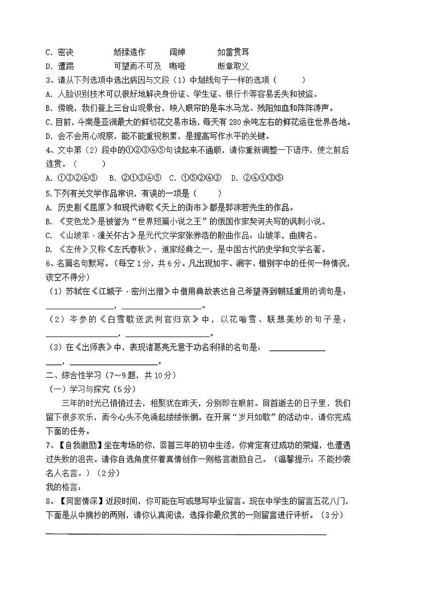 云南省石林县路美邑中学2024-2025学年九年级下入学测试语文卷试卷(含答案)第2页