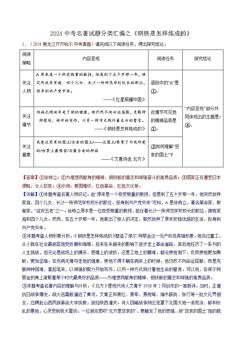 《钢铁是怎样炼成的》2024年中考语文名著真题分类汇编第1页