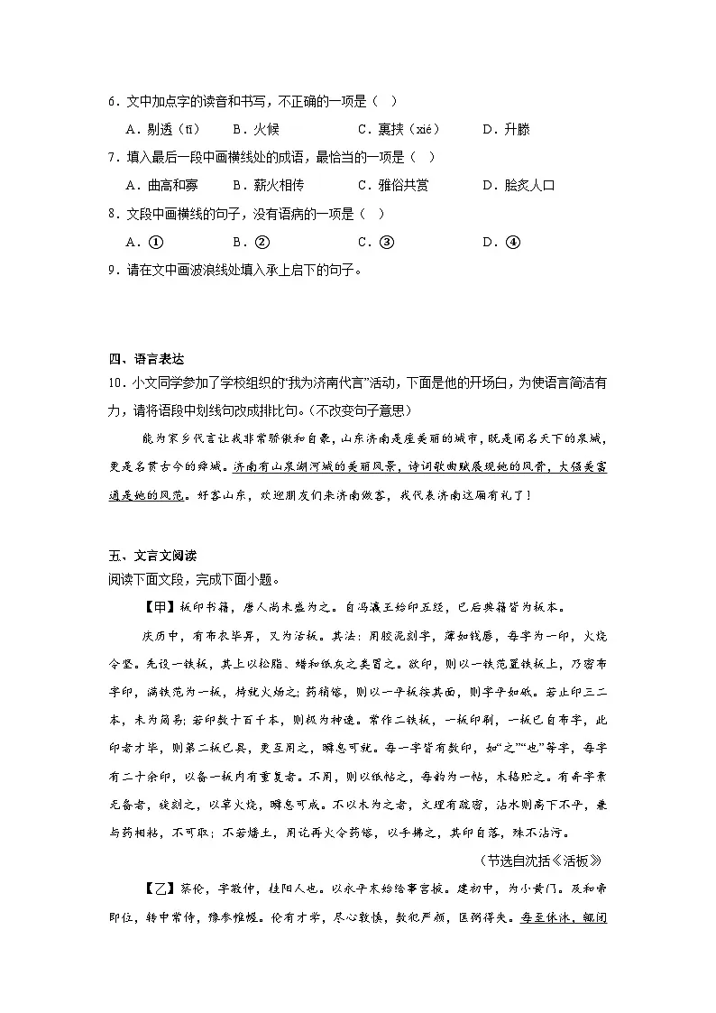 2025年山东省济南市高新区中考一模语文试题(含答案)第3页