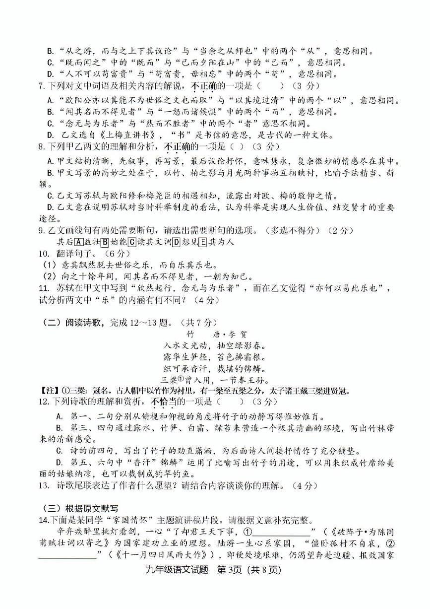 2025年濟南市長清區(qū)初三語文一模試題及其答案第3頁