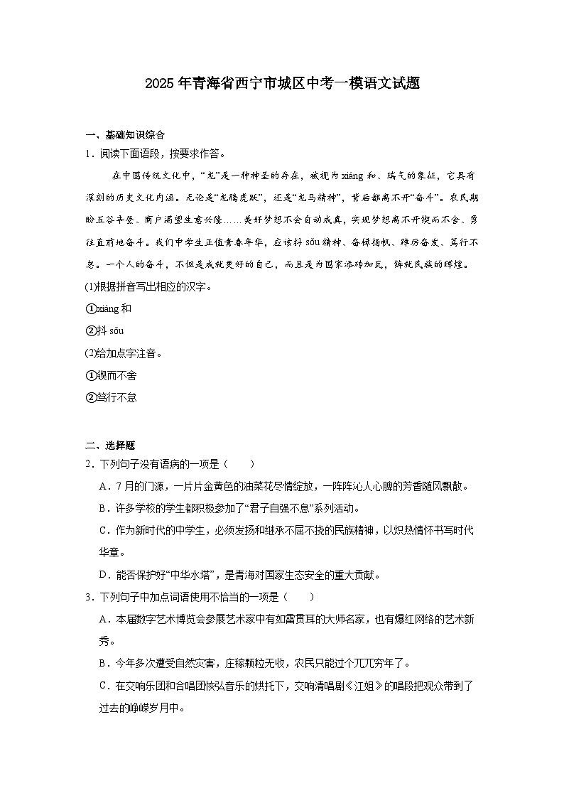 2025年青海省西宁市城区中考一模语文试题(含答案)第1页