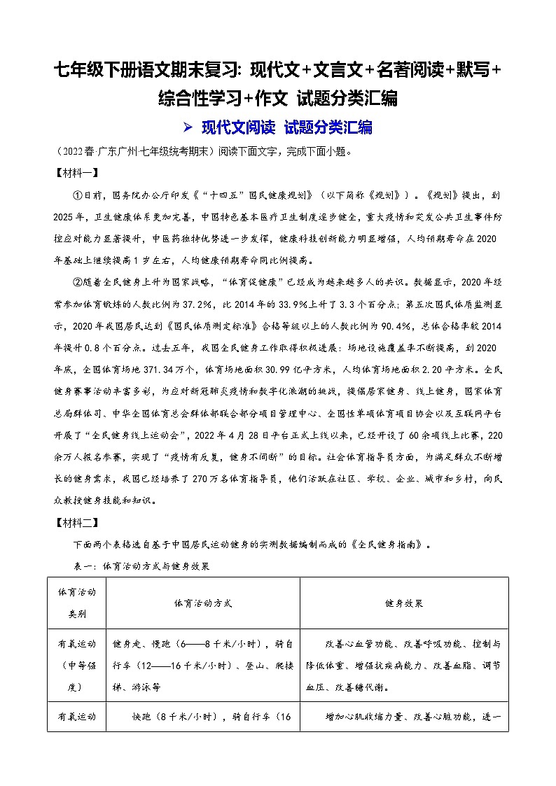 七年级下册语文期末复习:现代文+文言文+名著阅读+默写+综合性学习+作文 试题分类汇编(含答案解析)第1页