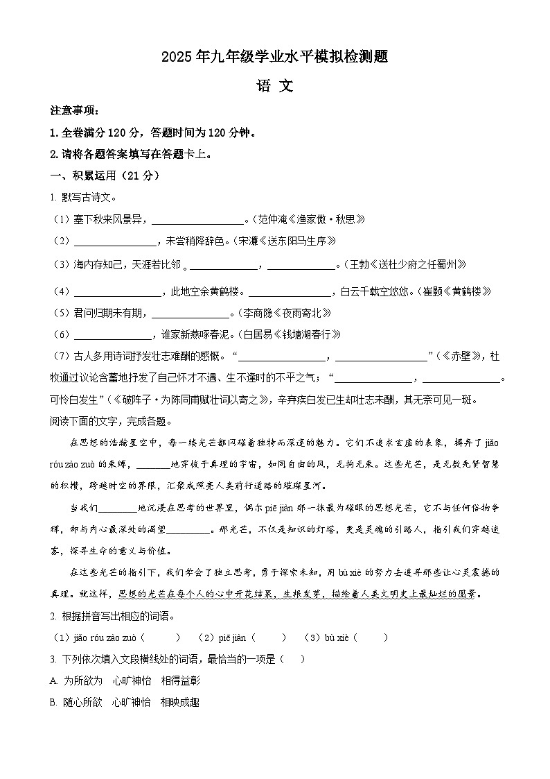 2025年广东省韶关市翁源县中考一模语文试题第1页